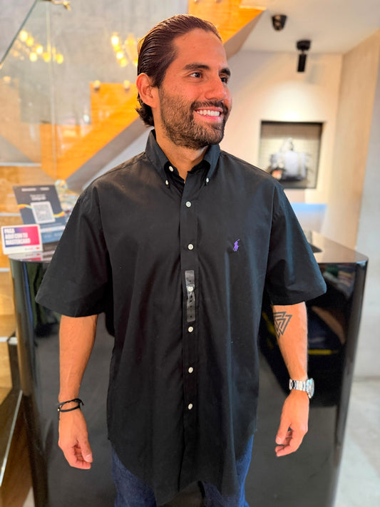 Camisa Polo R.L hombre Algodón Manga Corta Negra Caballo Morado