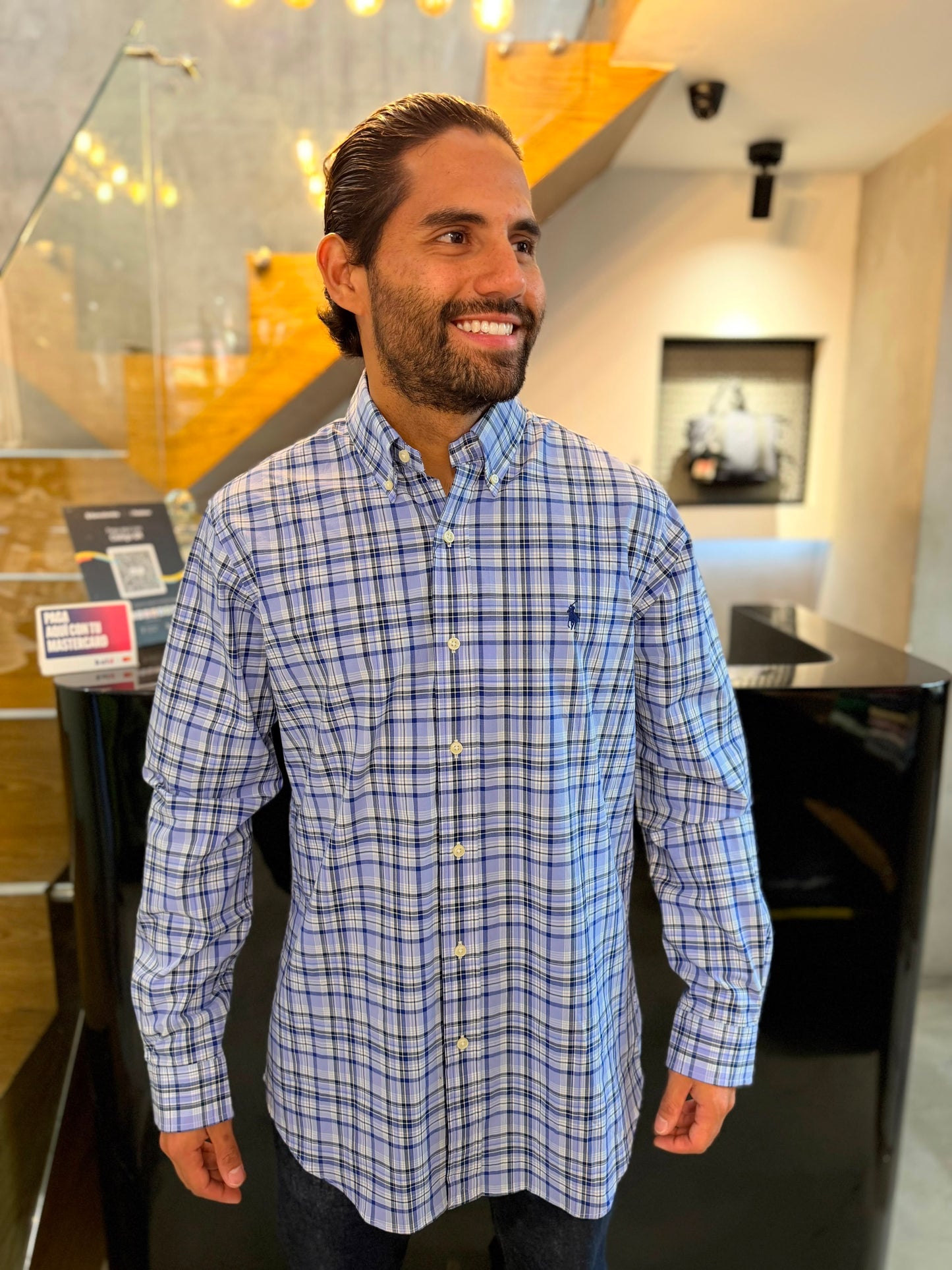 Camisa Polo R.L hombre Algodón Cuadros Azules Con Negro Caballo Azul
