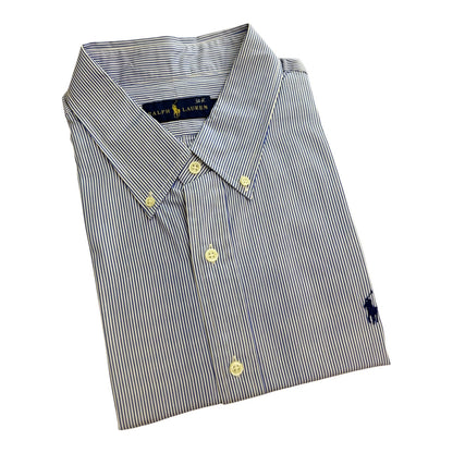 Camisa Polo R.L hombre Algodón Rayas Celestes Con Blanco Caballo Azul