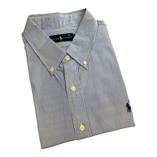 Camisa Polo R.L hombre Algodón Rayas Celestes Con Blanco Caballo Azul