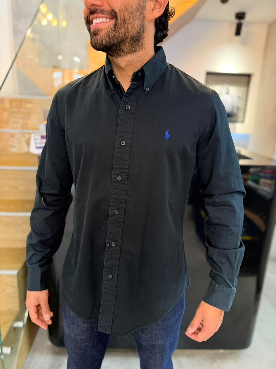 Camisa Polo R.L hombre Algodón Custom Fit Negro Caballo Azul Rey