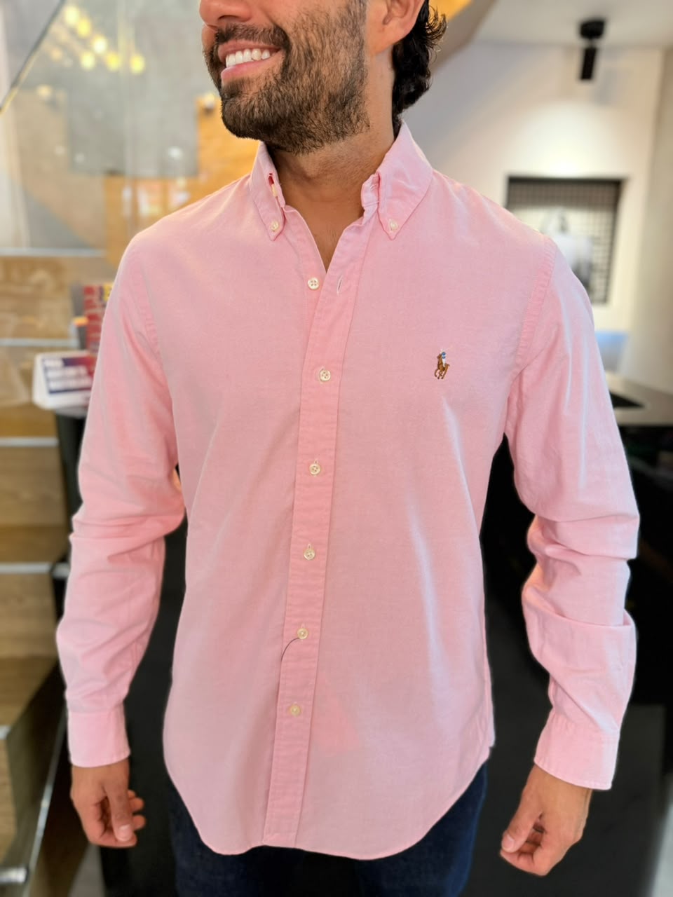 Camisa Polo R.L hombre Oxford Rosada Caballo Multicolor