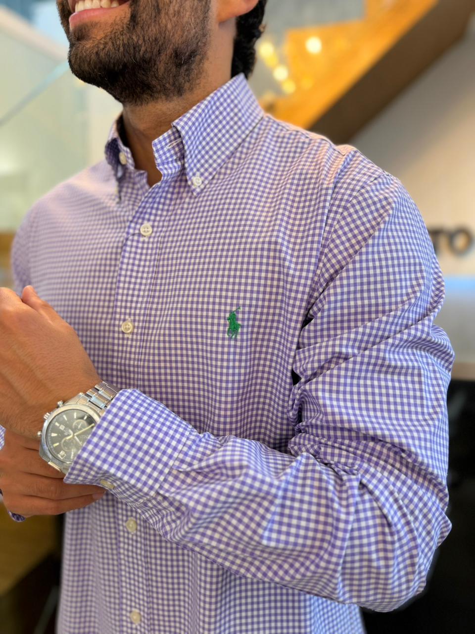 Camisa Polo R.L hombre Algodón Cuadros Morados Con Blanco Caballo Verde