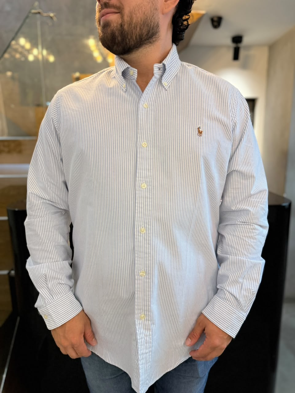Camisa Polo R.L hombre Oxford Rayas Celestes Caballo Multicolor