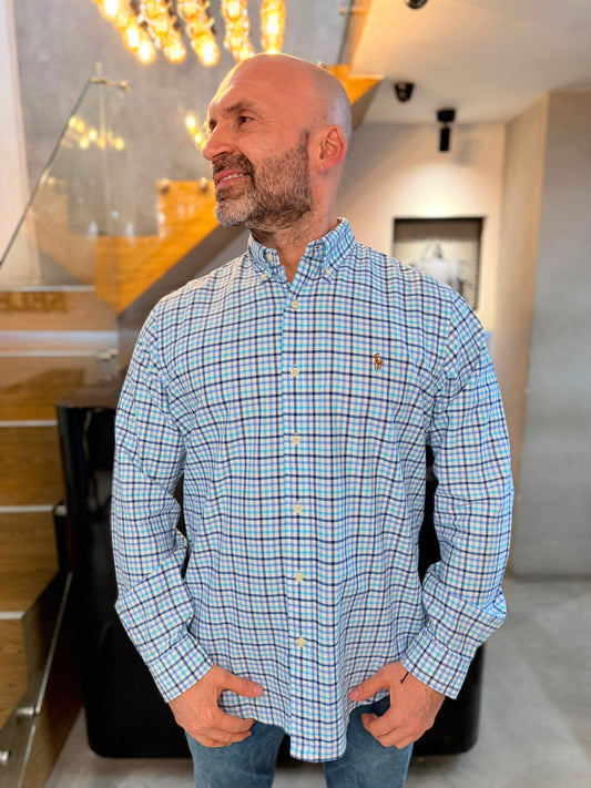 Camisa Polo R.L hombre Oxford Cuadros Celestes Caballo Multicolor