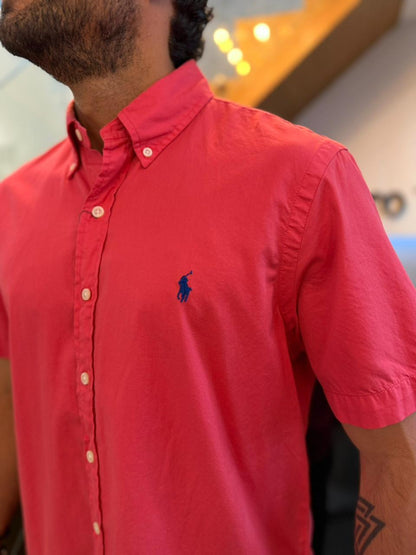 Camisa Polo R.L hombre Oxford  Manga Corta Coral Caballo Azul