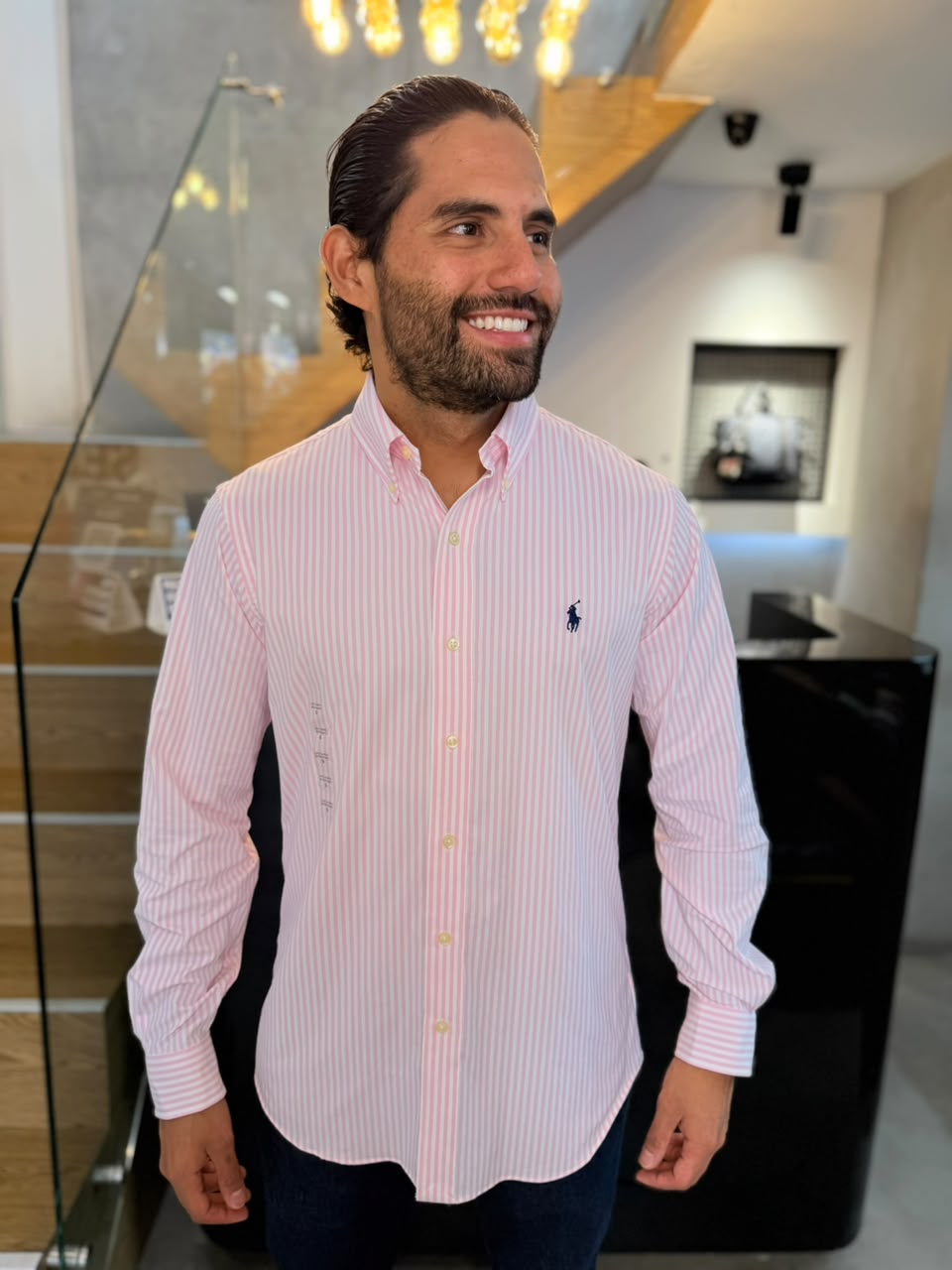 Camisa Polo R.L hombre Algodón Performance Rayas Rosadas Con Blanco Caballo Azul