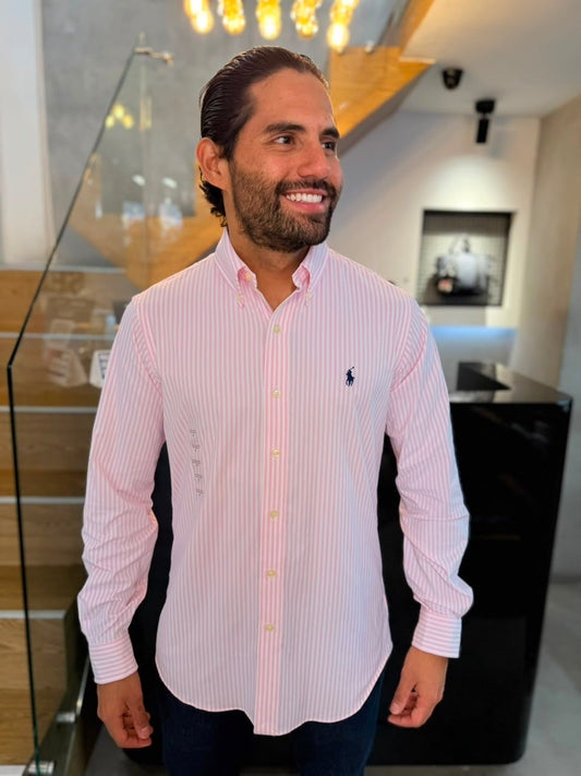 Camisa Polo R.L hombre Algodón Performance Rayas Rosadas Con Blanco Caballo Azul