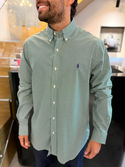 Camisa Polo R.L hombre Algodón Cuadros Verdes Con Blanco Caballo Morado