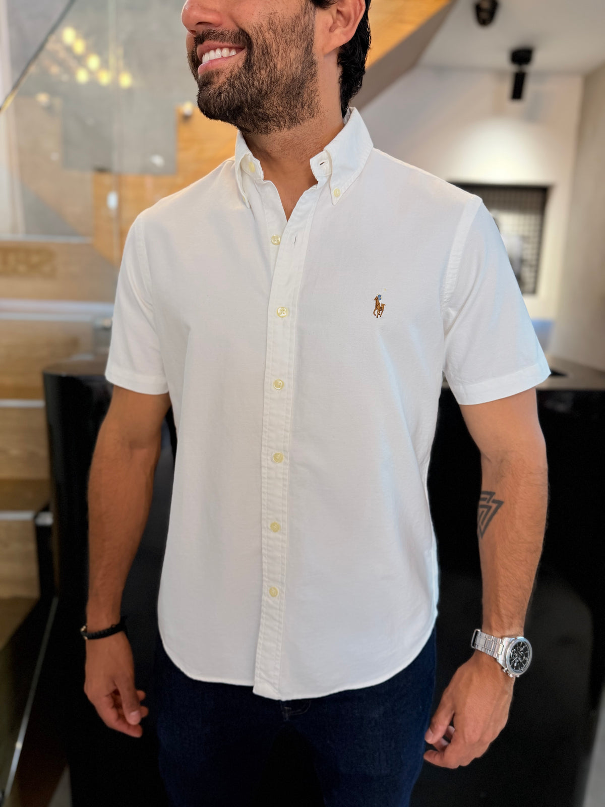 Camisa Polo R.L hombre Manga Corta Oxford Blanca Caballo Multicolor