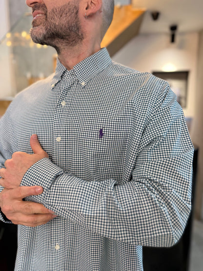 Camisa Polo R.L hombre Oxford Cuadros Verdes Con Blanco Caballo Morado