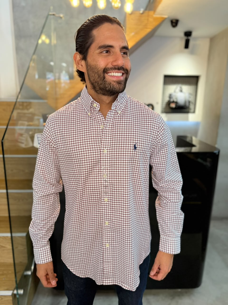 Camisa Polo R.L hombre Algodón Cuadros Blancos Con Vino Tinto Caballo Azul