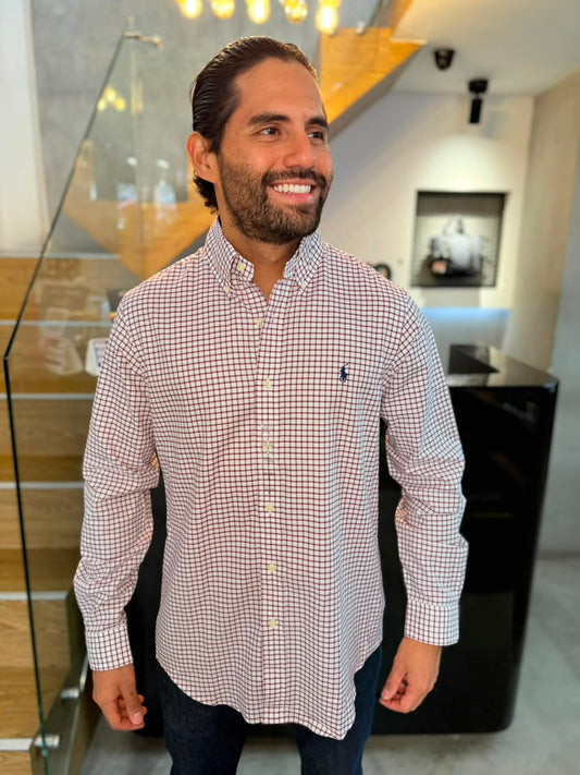 Camisa Polo R.L hombre Algodón Cuadros Blancos Con Vino Tinto Caballo Azul