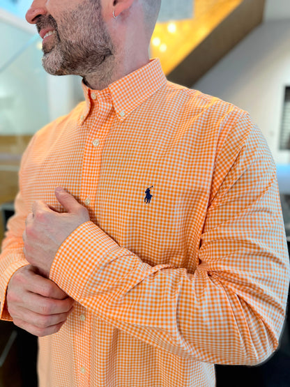 Camisa Polo R.L hombre Algodón Cuadros Naranjas Con Blanco Caballo Azul