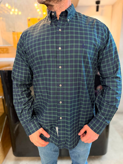 Camisa Polo R.L hombre Algodón Cuadros Azules Con Verde Caballo Azul