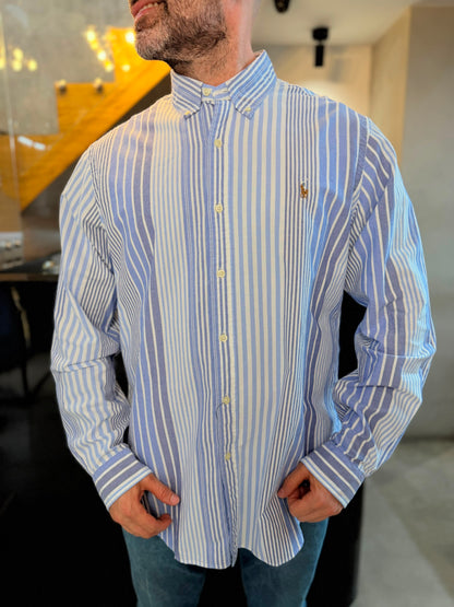 Camisa Polo R.L hombre Oxford Rayas Azules Con Blanco Caballo Multicolor