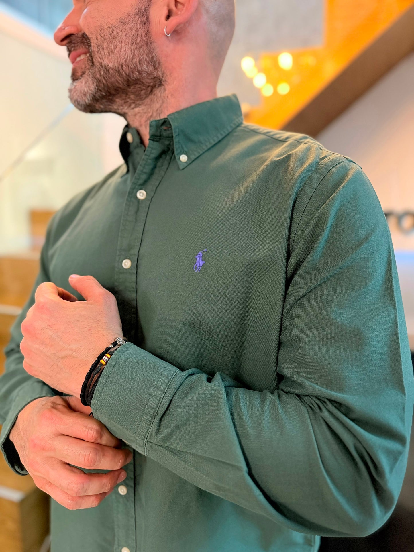 Camisa Polo R.L hombre Oxford Verde Oliva Caballo Morado