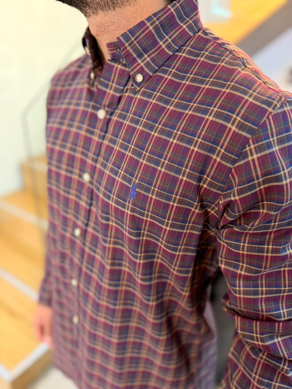 Camisa Polo R.L hombre Algodón Cuadros Vino Con Café Caballo Azul