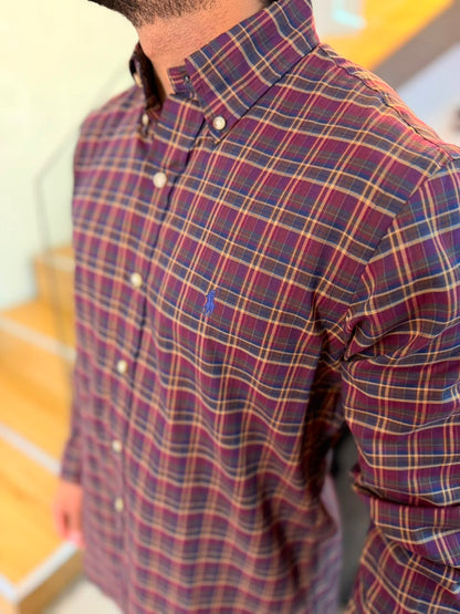 Camisa Polo R.L hombre Algodón Cuadros Vino Con Café Caballo Azul