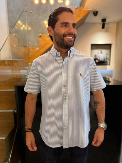 Camisa Polo R.L hombre Manga Corta Oxford Rayas Azules Caballo Multicolor