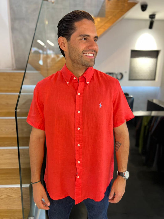 Camisa Polo R.L hombre Roja Lino