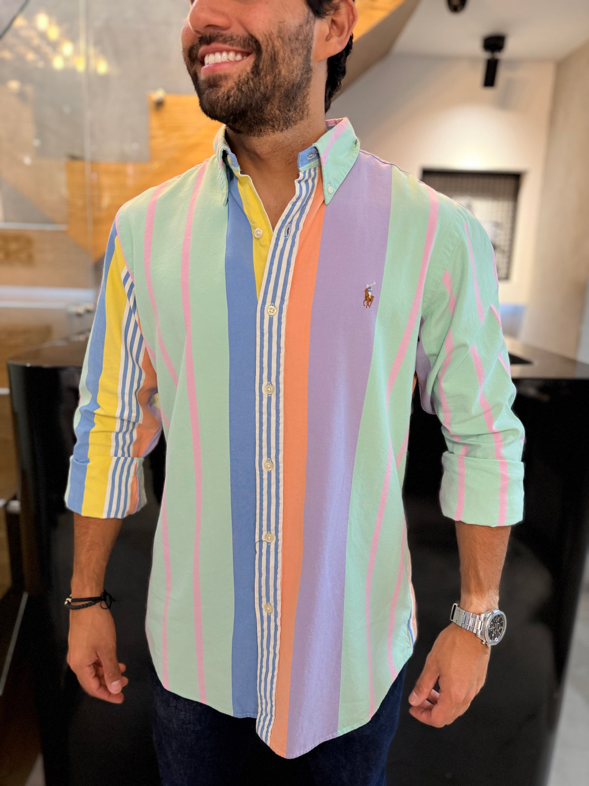 Camisa Polo R.L hombre Oxford Custom Fit Rayas Colores Caballo Multicolor