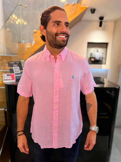Camisa Polo R.L hombre Manga Corta Lino Rosada Caballo Celeste