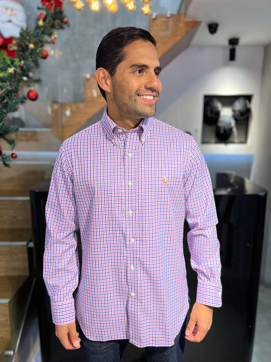 Camisa Polo R.L hombre Algodón Cuadros Rosados con Azul