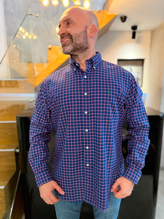 Camisa Polo R.L hombre Algodón Cuadros Azules Con Rojo Caballo Verde