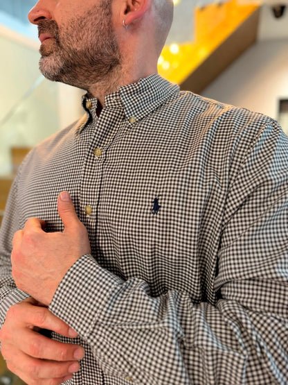 Camisa Polo R.L hombre Algodón Cuadros Cafes Con Blanco Caballo Azul