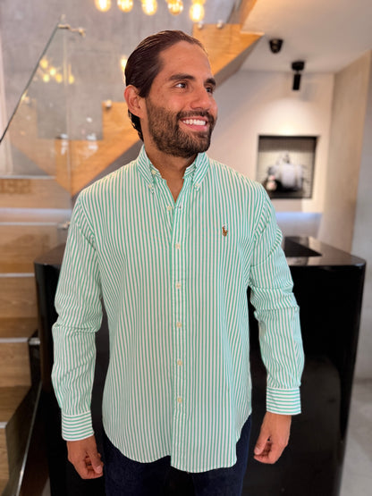 Camisa Polo R.L hombre Algodón Rayas Verdes Con Blanco Caballo Multicolor