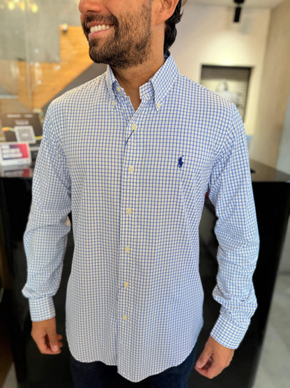 Camisa Polo R.L hombre Performance Cuadros Blancos Con Azul Caballo Azul