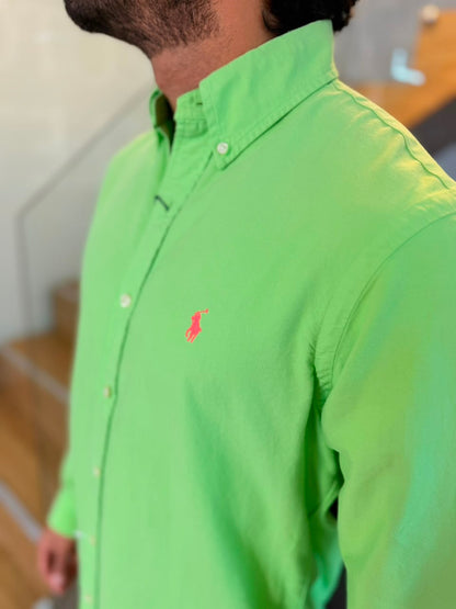 Camisa Polo R.L hombre Oxford Verde Limón Caballo Rosa Fluorescente