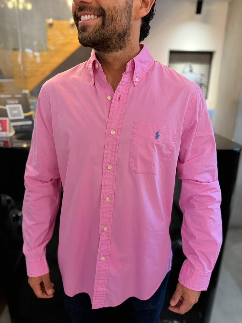 Camisa Polo R.L hombre Algodón Rosada Bolsillo Caballo Celeste