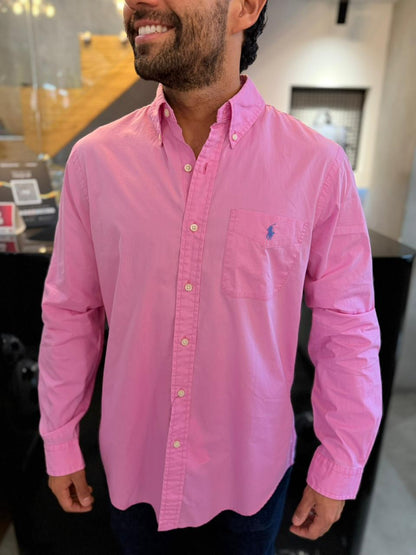 Camisa Polo R.L hombre Algodón Rosada Bolsillo Caballo Celeste