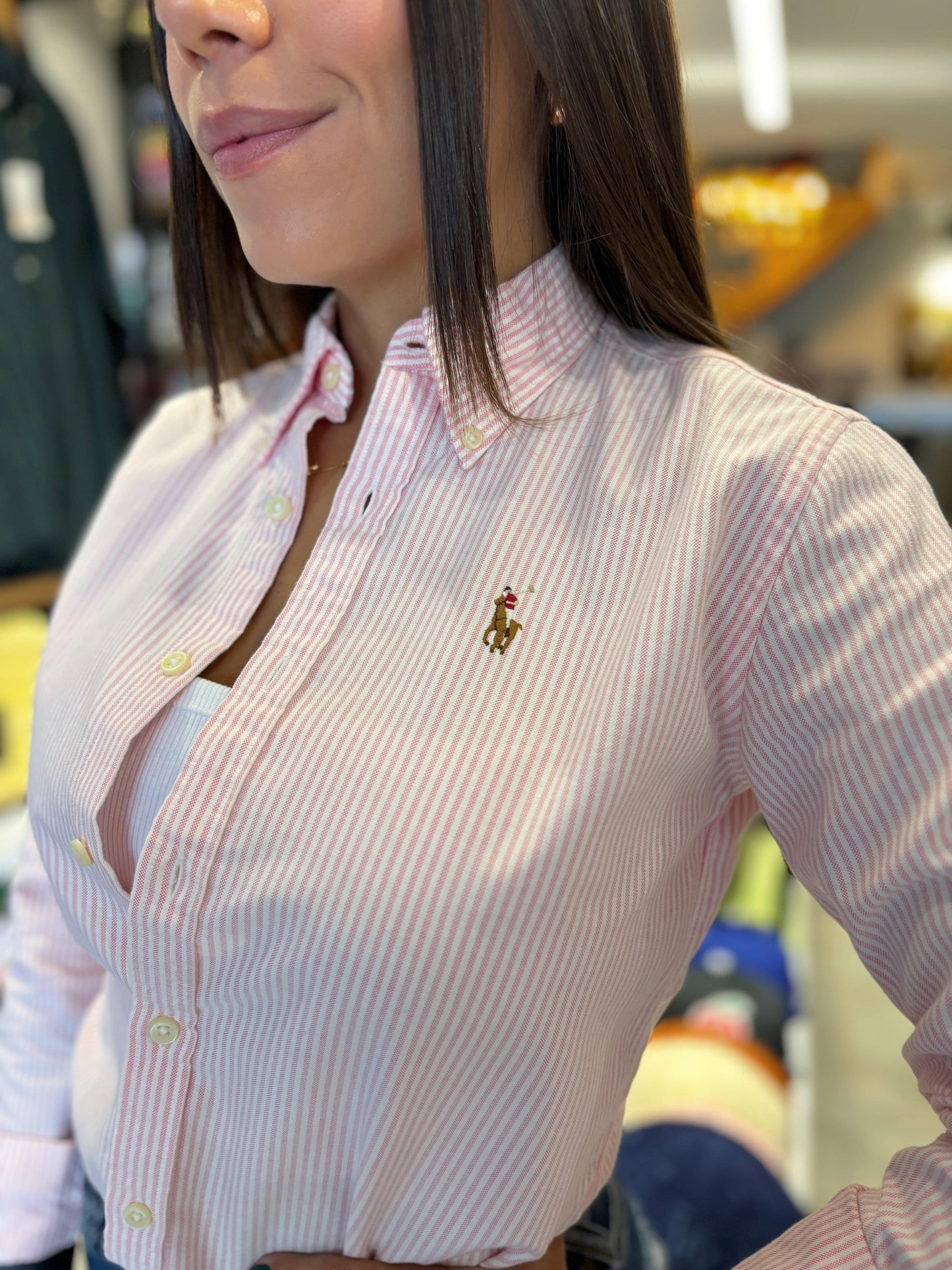 Camisa Polo R.L rosa líneas