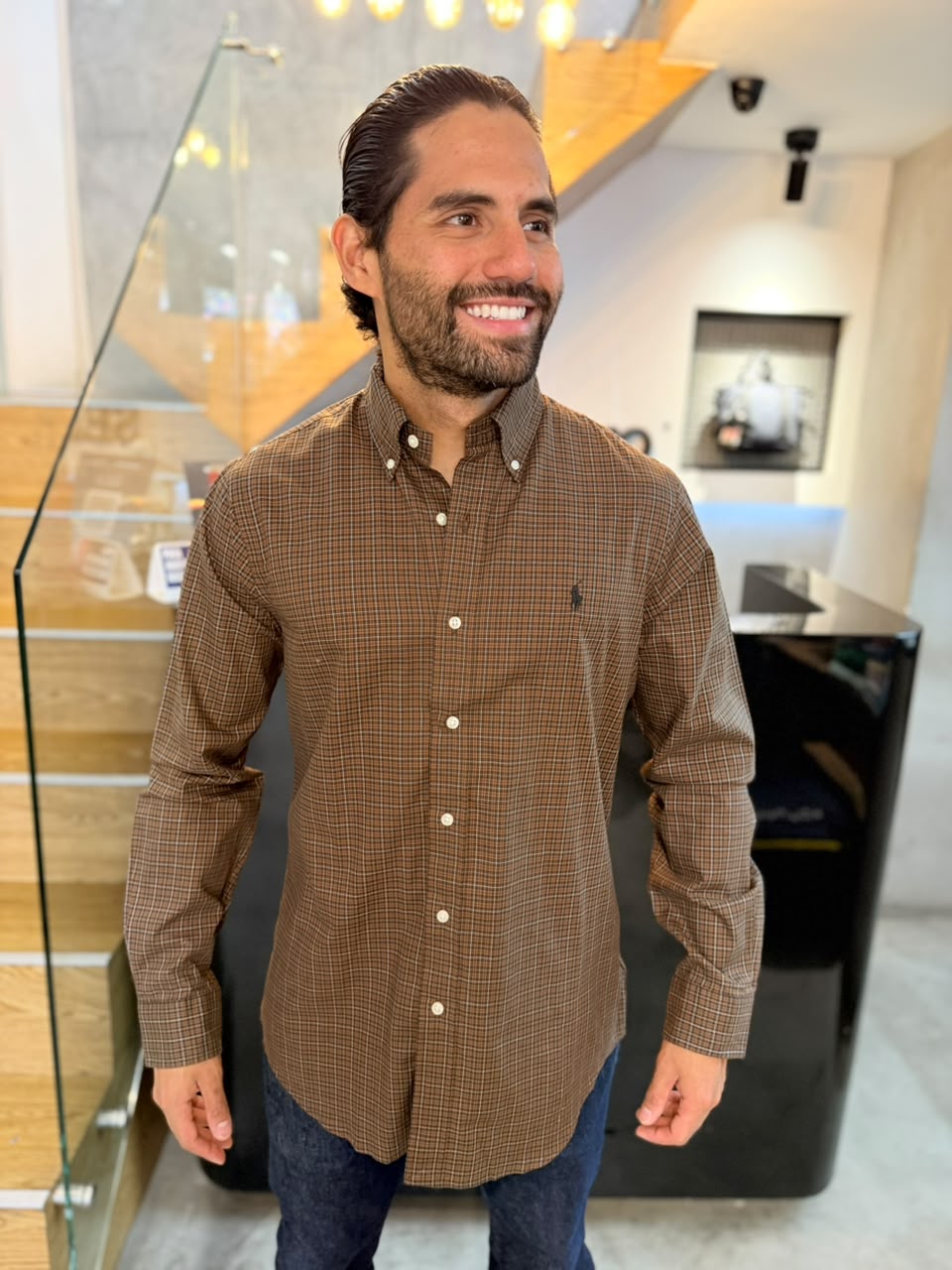 Camisa Polo R.L hombre Algodón Cuadros Cafés Caballo Negro