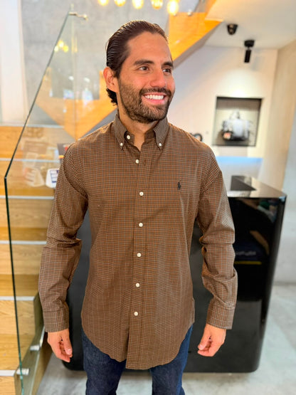 Camisa Polo R.L hombre Algodón Cuadros Cafés Caballo Negro