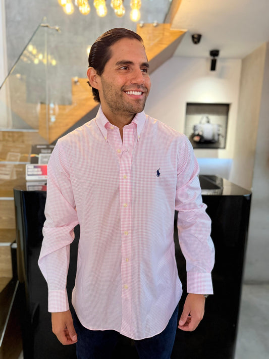 Camisa Polo R.L hombre Algodón Custom Fit Cuadros Rosados Caballo Azul