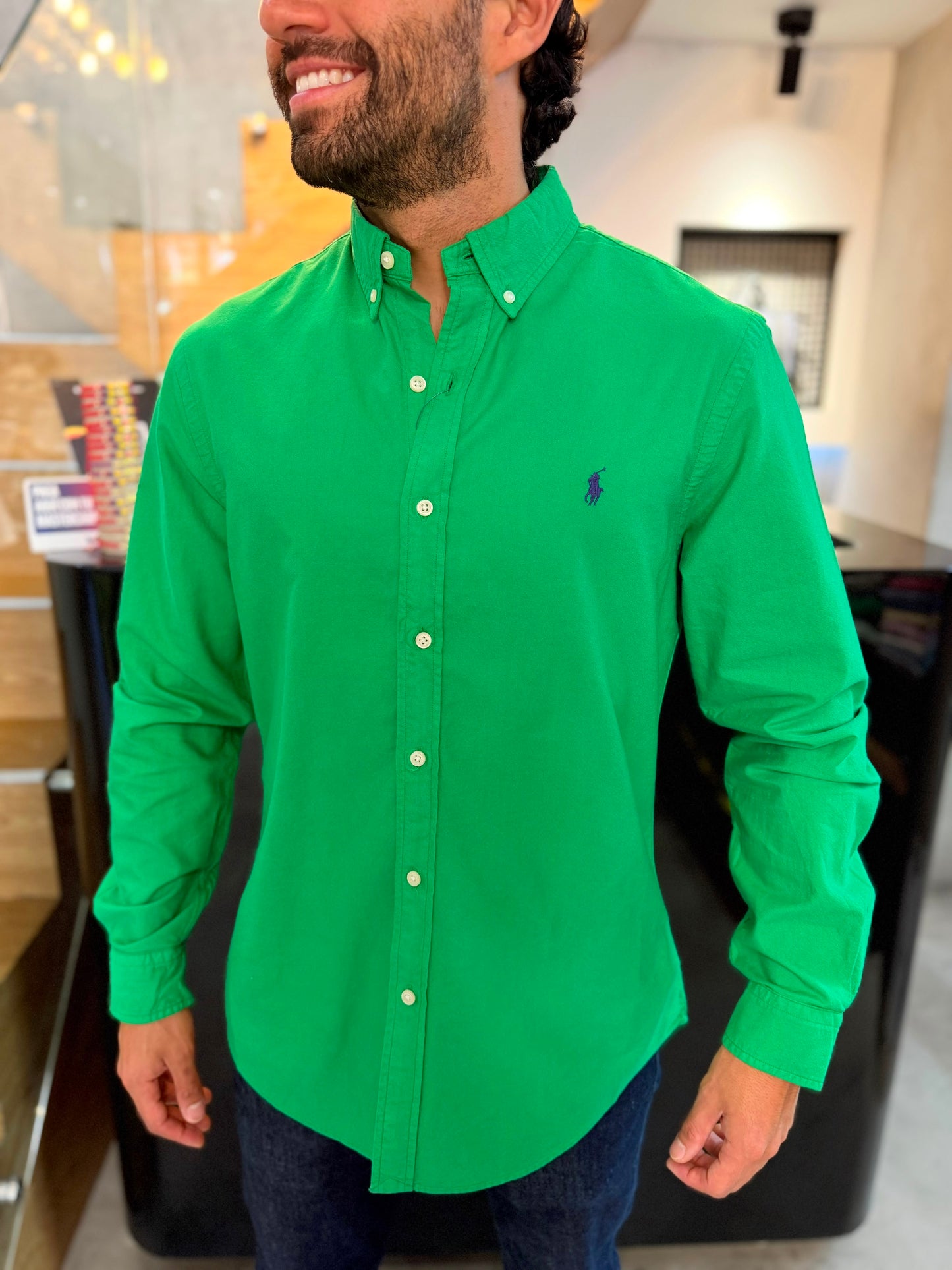 Camisa Polo R.L hombre Oxford Verde Caballo Uva