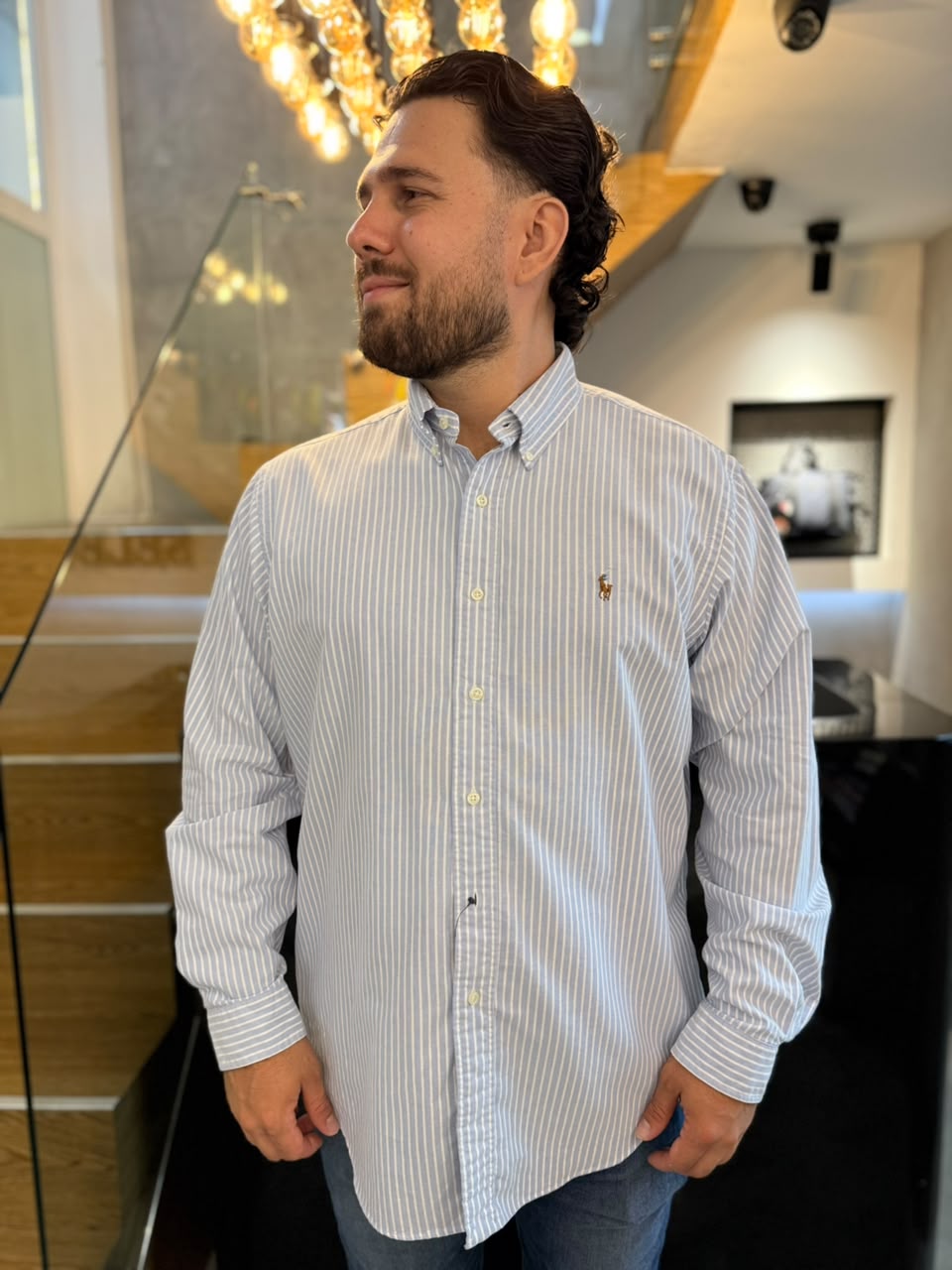 Camisa Polo R.L hombre Oxford  Rayas Azules Caballo Multicolor