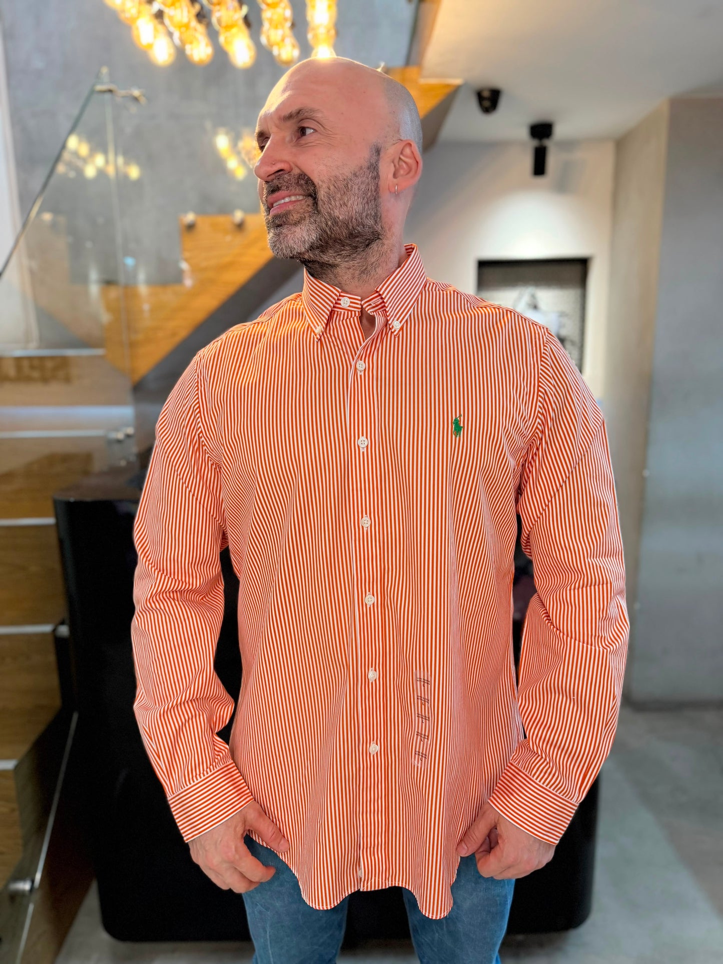 Camisa Polo R.L hombre Algodón Rayas Naranjas Con Blanco Caballo Verde