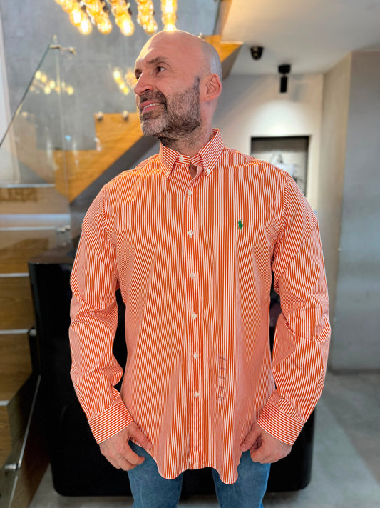 Camisa Polo R.L hombre Algodón Rayas Naranjas Con Blanco Caballo Verde
