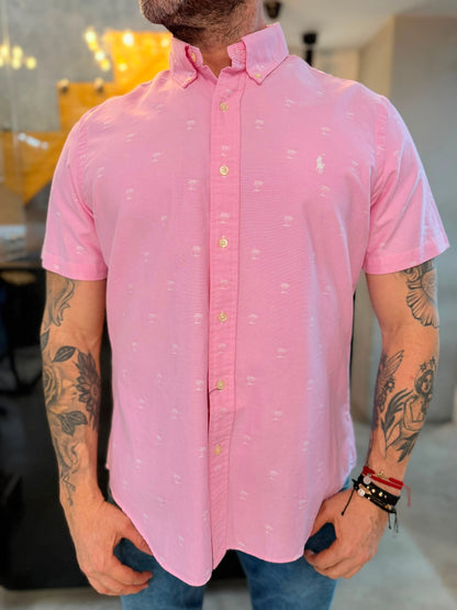 Camisa Polo R.L hombre Oxford Rosada Palmeras Manga Corta Caballo Blanco