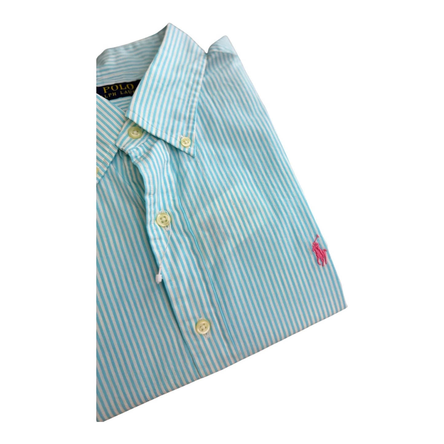 Camisa Polo R.L hombre Algodón Rayas Celestes Con Blanco Caballo Fucsia