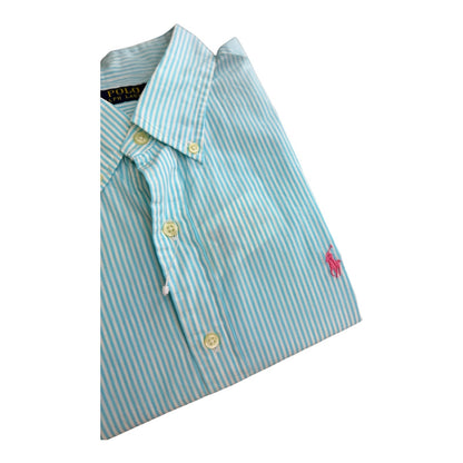 Camisa Polo R.L hombre Algodón Rayas Celestes Con Blanco Caballo Fucsia