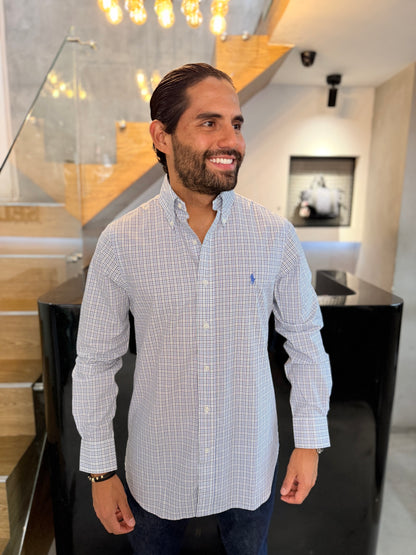 Camisa Polo R.L hombre Algodón Cuadros Blancos Caballo Celeste