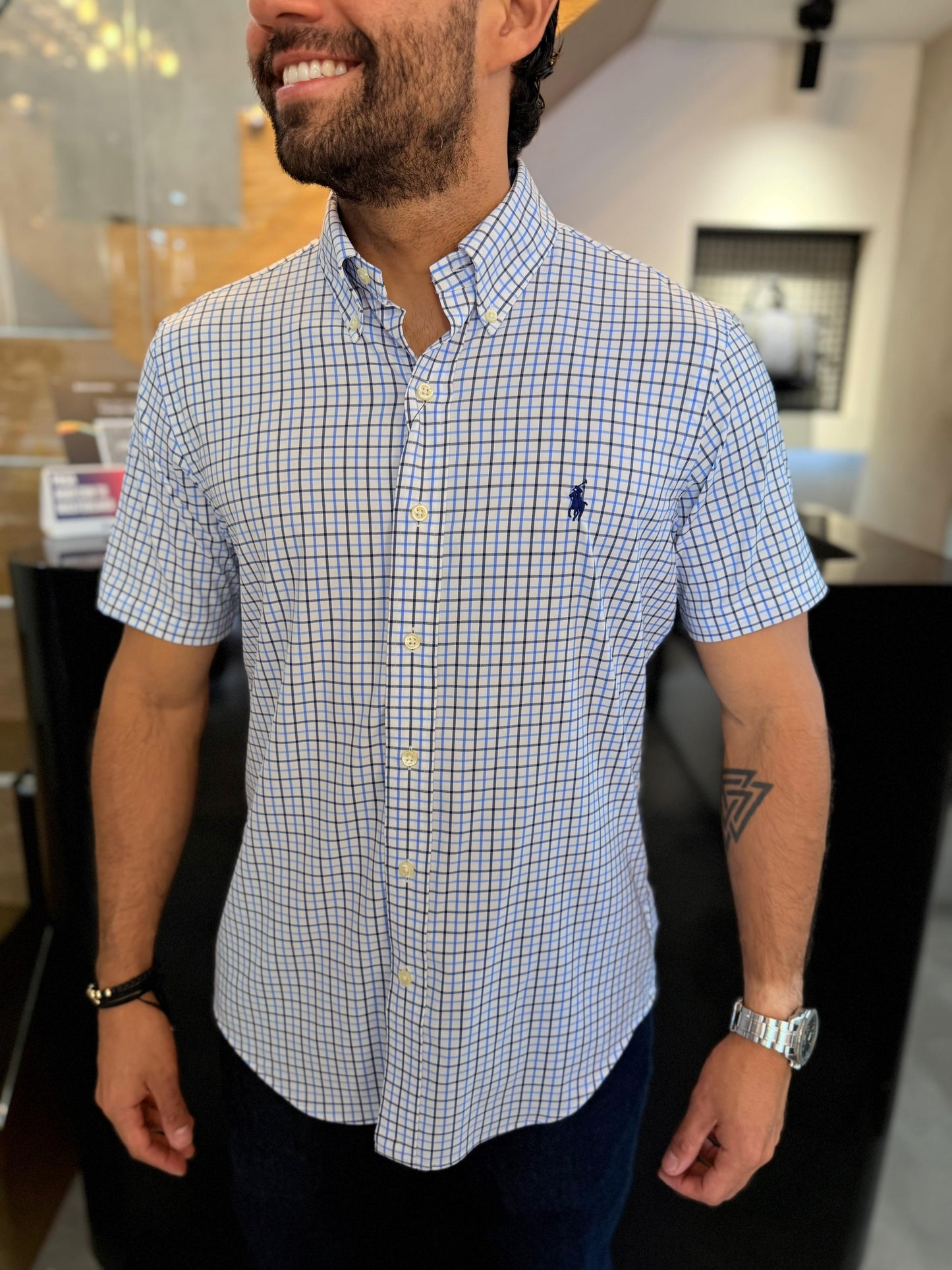 Camisa Polo R.L hombre Manga Corta Performance Cuadros Blancos Caballo Azul
