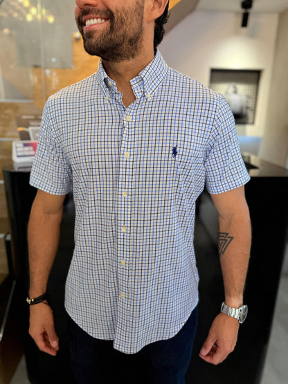 Camisa Polo R.L hombre Manga Corta Performance Cuadros Blancos Caballo Azul