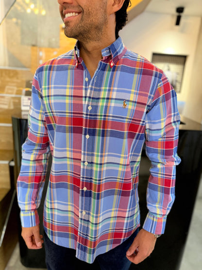 Camisa Polo R.L hombre Oxford Cuadros Rojos con Celeste Caballo Multicolor
